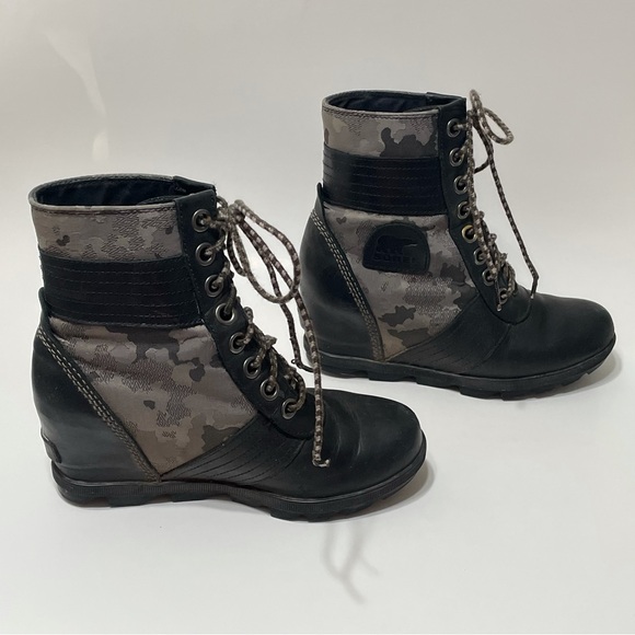 Sorel Lexie Black Camo Wedge Boot Womens 7 Leather Grey Gray - Picture 5 of 8